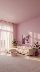 Spacious living room with soft purple background