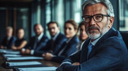 Confident senior executive leading a business meeting with his diverse team in a modern office setting