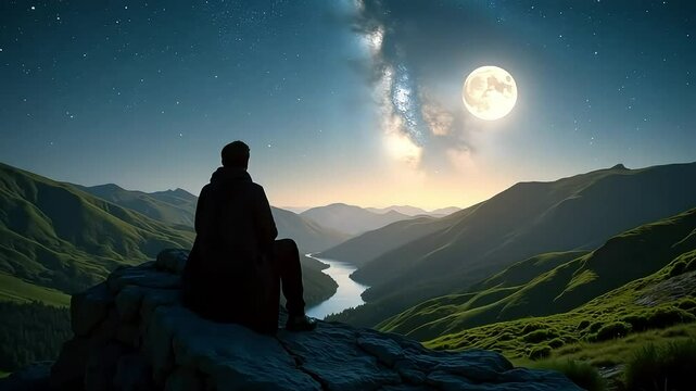 Man looking at moon and milky way galaxy night sky mountain landscape wallpaper background image hd 4k