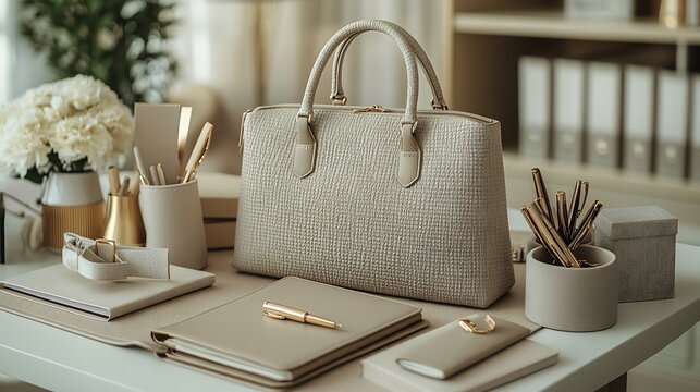Corporate appreciation gift display with sleek modern handbags in neutral tones paired with branded notebooks pens and thank you cards promoting style and professionalism