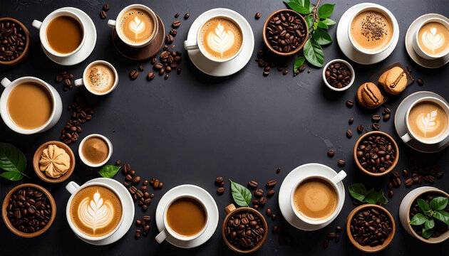 an array of coffee cups in various sizes and styles, accompanied by an assortment of coffee beans and other beverage related items like a teacup and a cookie