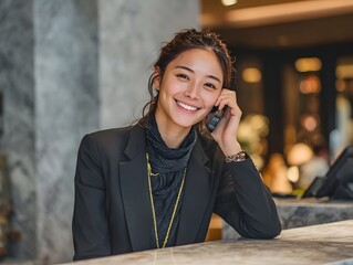 A professional receptionist in formal uniform smiling and taking a call at a modern desk.