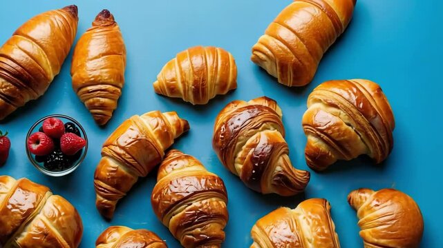 Delicious croissants with fresh berries on blue background, bakery assortment. Pastry and bakery products, food.