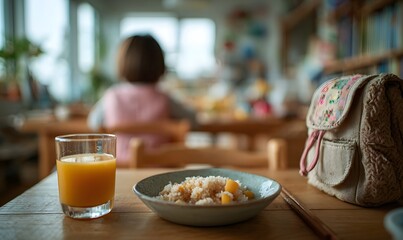 Child in school uniform having breakfast at home