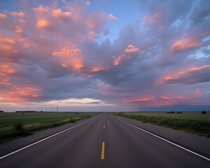 Naklejka premium A long, empty road stretches ahead under a vibrant, colorful sky at dusk.