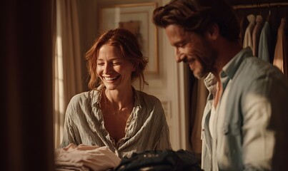 Couple laughing while packing suitcase together