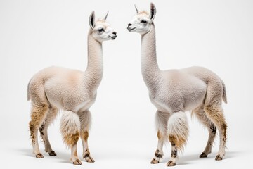 Fototapeta premium Llama Pair on White: A captivating image of two majestic llamas posing side by side, their serene expressions against a clear and minimalist backdrop