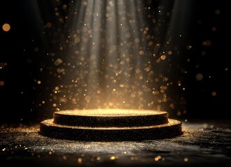 Gold podium with circular frame on a black background for an award ceremony, presentation, or luxury promotion concept. Vector illustration of a golden stage pedestal podium in a round shape,