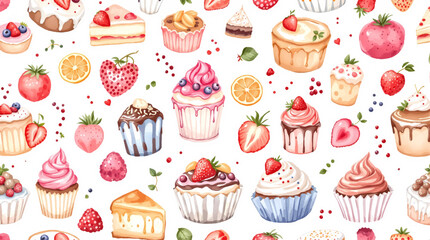 Watercolor Sweet desserts pattern on white background
