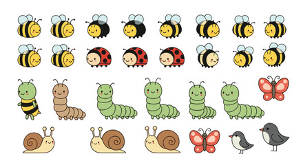 Fototapeta premium Adorable cartoon insects and garden creatures collection for childrens educational designs and illustrations
