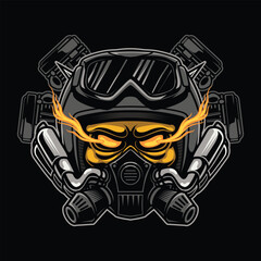 Fiery Skull in Protective Gear with Engine Exhausts.