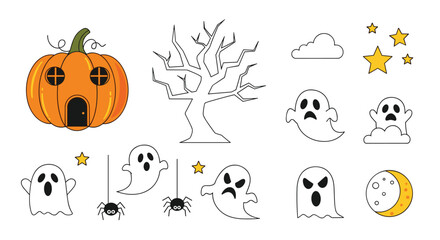 Obraz premium Spooky halloween elements featuring a haunted pumpkin house ghostly figures and a bare tree under a starry night sky with a crescent moon