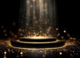 Gold podium with circular frame on a black background for an award ceremony, presentation, or luxury promotion concept. Vector illustration of a golden stage pedestal podium in a round shape,