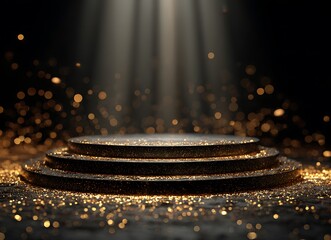 Gold podium with circular frame on a black background for an award ceremony, presentation, or luxury promotion concept. Vector illustration of a golden stage pedestal podium in a round shape,