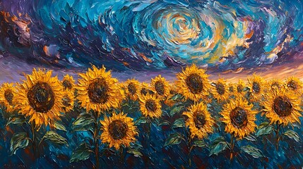 An impressionistic painting of a dramatic field of sunflowers under a swirling, textured sky of deep blues and purples, illuminated by hints of orange and yellow light. 