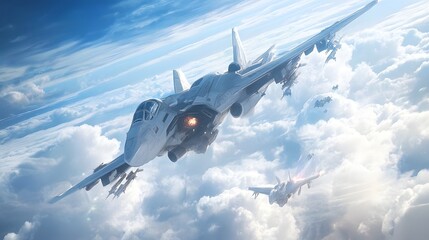 Two futuristic fighter jets engage in a dramatic dogfight above the clouds, with one aircraft prominently displayed in the foreground and another smaller jet in the distance, both in dynamic flight.