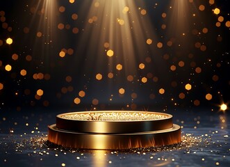 Gold podium with circular frame on a black background for an award ceremony, presentation, or luxury promotion concept. Vector illustration of a golden stage pedestal podium in a round shape,