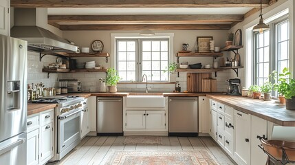A spacious and inviting rustic farmhouse kitchen features white cabinetry, wooden countertops, exposed wooden beams, and stainless steel appliances. Open shelving displays kitchenware,