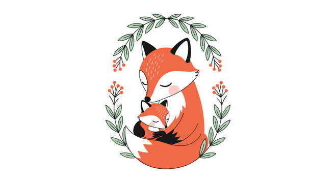Adorable mother fox and baby fox hugging in a beautiful floral wreath