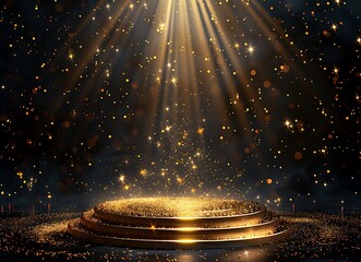 Gold podium with circular frame on a black background for an award ceremony, presentation, or luxury promotion concept. Vector illustration of a golden stage pedestal podium in a round shape,
