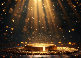 Gold podium with circular frame on a black background for an award ceremony, presentation, or luxury promotion concept. Vector illustration of a golden stage pedestal podium in a round shape,