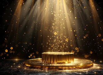 Gold podium with circular frame on a black background for an award ceremony, presentation, or luxury promotion concept. Vector illustration of a golden stage pedestal podium in a round shape,