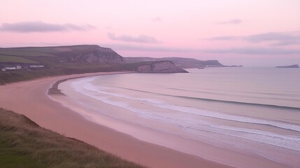 Serene coastal scene at dawn, showcasing a crescent beach with gentle waves lapping the shore, under a soft pink sky