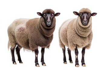 Fototapeta premium Pair of Sheep: A detailed and textured photo showcasing a pair of sheep, each with a unique coat of fur and attentive gaze, captures the essence of rural life and livestock farming.