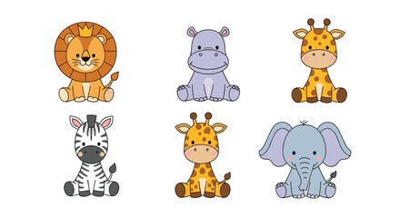 Adorable collection of six cute safari animals featuring a lion elephant zebra and giraffes sitting together for a whimsical zoo theme
