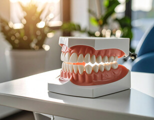 A mold of a set of aligned teeth placed on a dental chair tabletop with delicate lighting.
