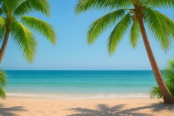 Fototapeta premium Serene Tropical Beach View with Palm Trees and Clear Blue Sky