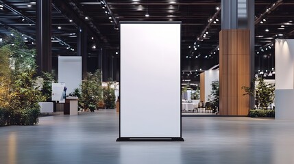 A blank, white standing banner display is positioned centrally in a spacious trade show or exhibition hall, ready for customization. 