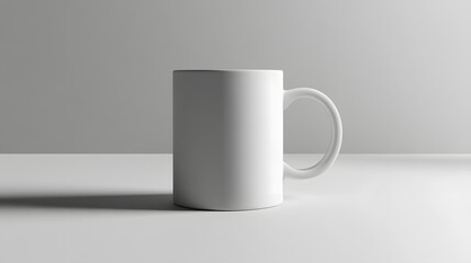 A clean, minimalist white mug stands on a desk with a blank, light gray background. The simple design and neutral colors make it ideal for product mockups and branding.