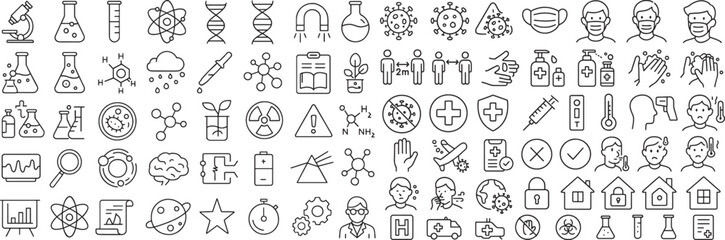 Obraz premium Collection of Scientific Research and COVID-19 Prevention Outline Icons