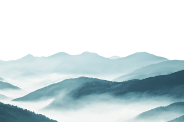 Misty mountain landscape with fog panoramic view isolated on transparent png