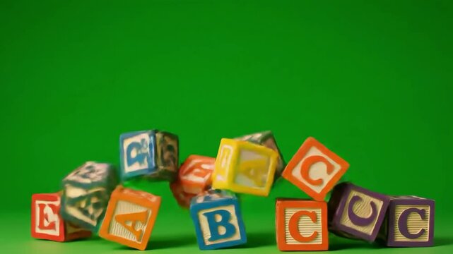 Alphabet Blocks Falling and Stacked on Green Screen - Educational Concept for Kids