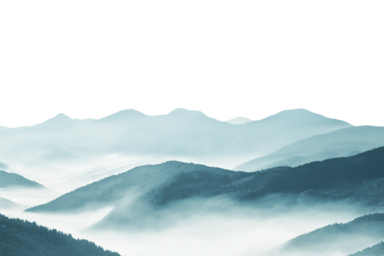 Misty mountain landscape with fog panoramic view isolated on transparent png