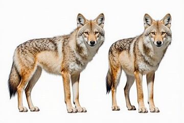 Fototapeta premium Coyote Duo in Profile: Two sleek coyotes stand in profile, their amber eyes gleaming with intelligence and alertness. This captivating portrait captures the essence of the wild.