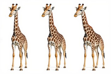 Obraz premium Triple Giraffe Portrait: Three majestic giraffes stand side by side, showcasing their elegant long necks and distinctive spotted coats against a plain background.