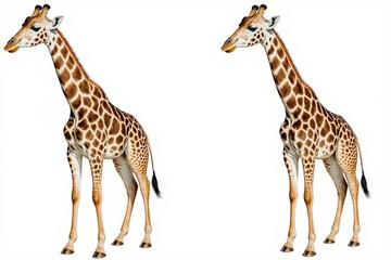 Fototapeta premium Giraffe Pair in the Wild: A graceful giraffe duo stands tall, showcasing their distinctive spotted coats and long necks against a backdrop of the wild