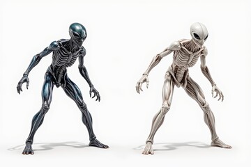 Alien Figures: A pair of detailed, otherworldly alien figures stand poised, showcasing their unique forms. This intriguing image evokes mystery and the unknown.