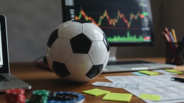 Soccer ball and financial chart on computer screen analysis of sports investment - Powered by Adobe