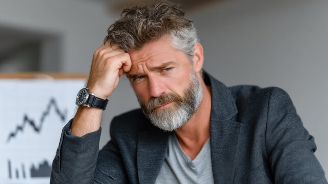 middle-aged man with a beard sits thoughtfully at his desk, glancing at financial charts displayed on the wall. natural light from the window highlights his contemplative expression