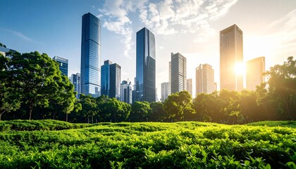 Fototapeta premium Urban skyline with lush greenery symbolizes sustainable living and eco-friendly urban development.