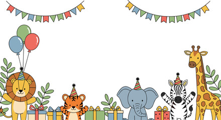 Cute jungle animals celebrate birthday party with balloons presents and decorations