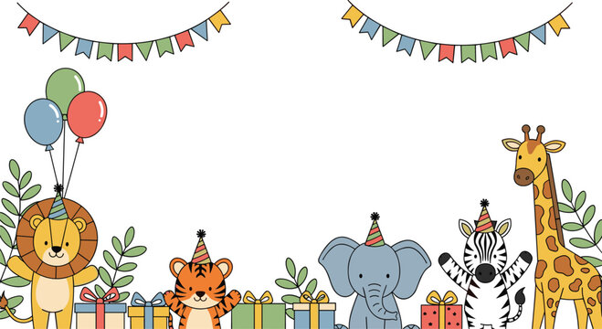 Cute jungle animals celebrate birthday party with balloons presents and decorations