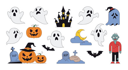 Creepy and spooky halloween icons featuring ghosts pumpkins bats zombie and haunted castle decorations for the holiday