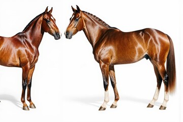 Fototapeta premium Majestic Equine Duo: Two stunning horses with sleek, shiny coats stand gracefully side by side, their elegant forms embodying strength, beauty, and equine perfection.