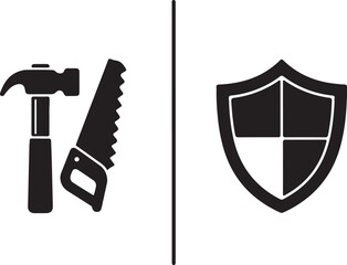 Construction Safety Hammer, Saw, and Protective Shield Icon Set