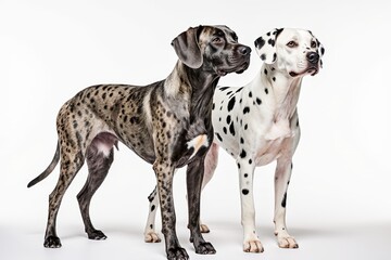 Dalmatian and Merle Dog: Two elegant dogs, a Dalmatian and a Merle, stand side-by-side against a clean background, showcasing their unique coat patterns.  